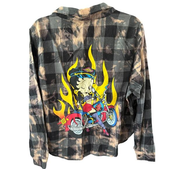 Betty Boop Bleach Flannel Plaid Top Large Button Down Biker Graphic Distressed - Picture 1 of 8